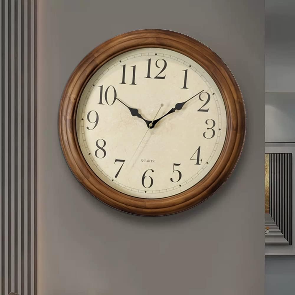 CHIRAY 16-Inch Solid Wood Silent Non-Ticking Decorative Wall Clock with Large Arabic Numerals Battery Operated Analog