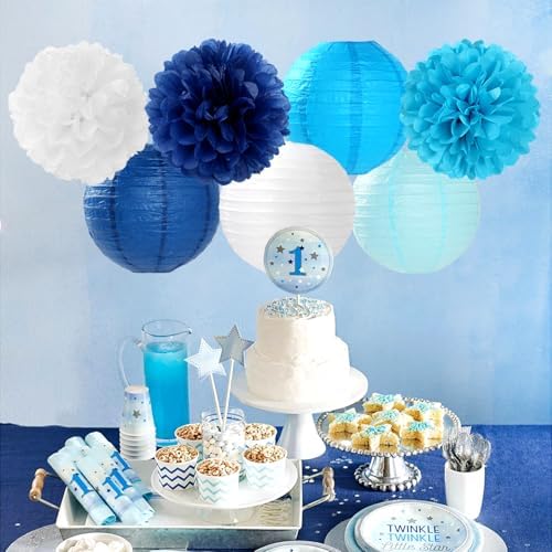 Blue-White Birthday Party-Decorations Paper-Flowers Lanterns - 15PCS Light Royal Tissue Pom Poms Streamers,Classroom Ocean Themed Baby Bridal Shower Bachelorette Wedding Hanging Supplies Decor Hugfond