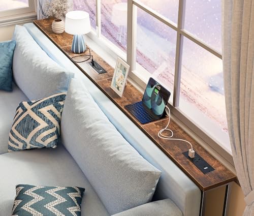 SUPERJARE 86.6 inch Narrow Behind Couch Table with Charging Stations