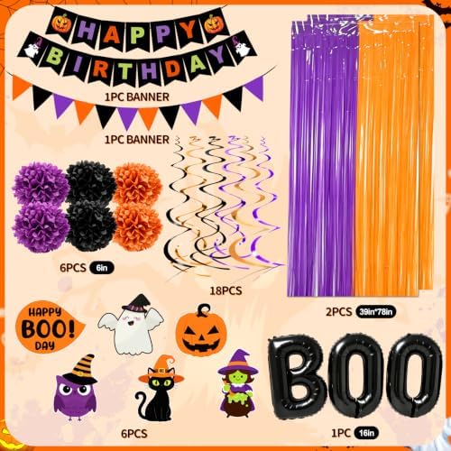 Halloween Birthday Party Decorations, 73PCs Halloween Birthday Decorations Set Including HAPPY BIRTHDAY Banner Bat Stickers Hanging Garland Swirl Streamers Purple Orange Black Balloons Honeycomb Ball
