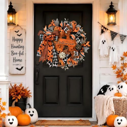 2 Pcs Halloween Wreaths for Front Door, Halloween Wreath with Ribbon Bow