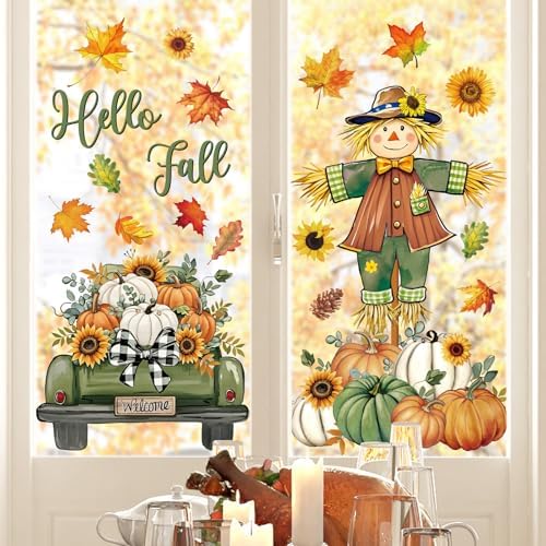 Whaline 6 Sheets Hello Fall Window Clings Green-Orange Scarecrow Maple Leaves Pumpkin Truck Reusable Window Decals for Autumn Harvest Thanksgiving Home Office School Decor