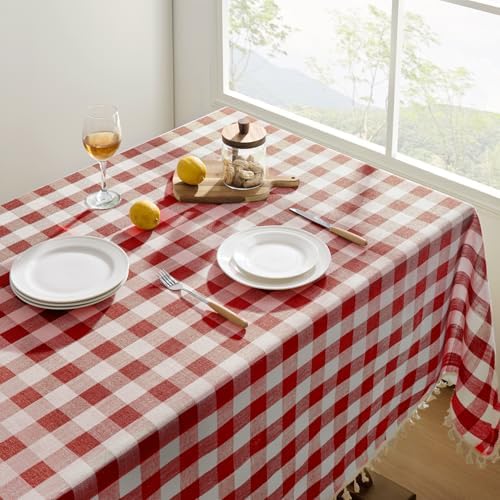 Softalker Gingham Square Tablecloth with Tassel, Red, 55" x 55"