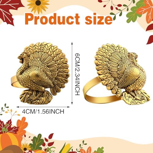 WILLBOND 12 Pcs Thanksgiving Turkey Napkin Rings Bulk Metal,Gold-Colored