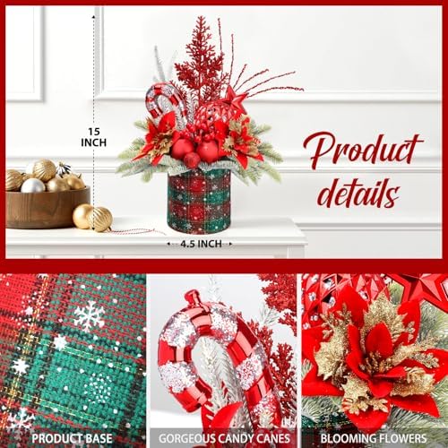 Small Christmas Tree Tabletop Artificial Mini Christmas Tree Decorations with Holiday Ornaments Red Berry Pine Cone Greenery for Home Indoor Fireplace Mantel Xmas Decor (Large-Round-Red)