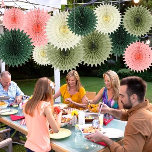 BestoFun 12PCS Pink Sage Green Hanging Paper Fans Decoration – Thin Tissue Paper Honeycomb Fan Ornaments, Hanging Fans for Wedding, Birthday, Baby Shower, Home & Party Décor