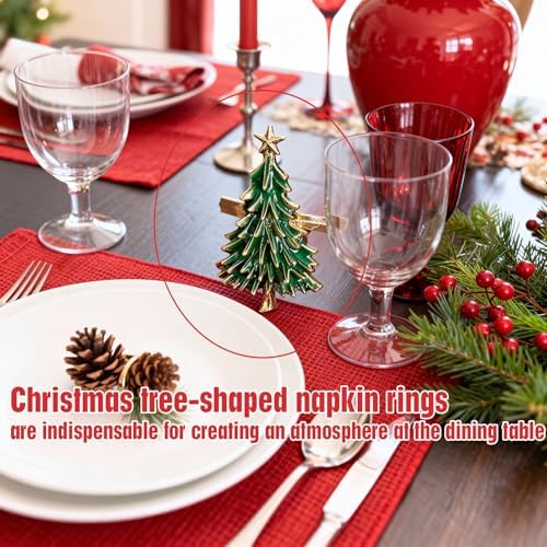 Christmas Tree Napkin Rings Set of 4, Gold Alloy Napkin Holders with Star Topper, Green Enamel Holiday Napkin Rings for Christmas Table Decor, Dinner Party Table Setting Accessories