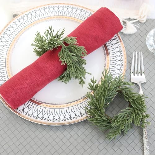 6 Pcs Christmas Napkin Rings Green Artificial Pine Handmade Holiday Wreath Candle Napkin Rings Holders Table Setting for Christmas Table Decor, Wedding, Banquet Decoration