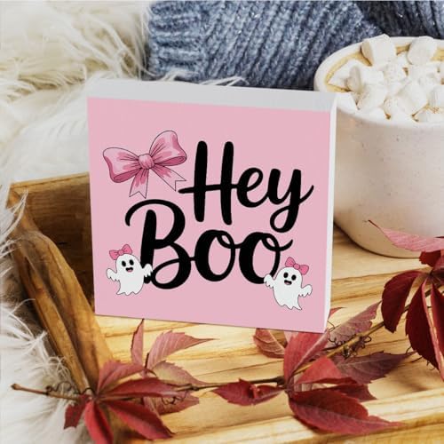 HTBIG Halloween Hey Boo Sign Cute Pink Ghost Desk Decor For Home Rustic Wooden Shelf Decor Season House Girl Room Indoor 5 x 5 Inch