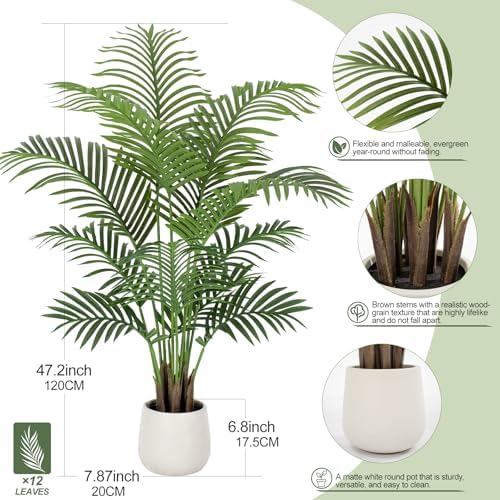 4ft Artificial Palm Tree Tall Faux Palm Tree Indoor Large Fake Plants with 12 Trunks Artificial Plants with White Pot