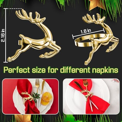 ZeeDix Christmas Gold Reindeer Napkin Rings Set of 24 for Table Decoration
