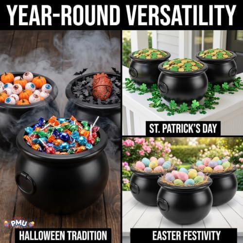 PMU Halloween Cauldron 3pc- 12" Witch Plastic Cauldron bowl Black