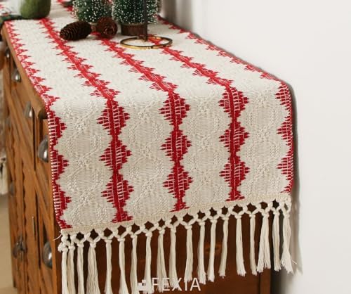 FEXIA Christmas Red Table Runner 13x72 Inches Long Christmas Runner for Table Boho Table Decor Rustic Farmhouse Xmas Decoration for Home Party Decor (Red Square)