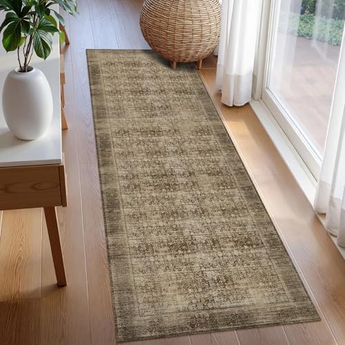 Washable Area Rug 2'6'' x 8' Vintage Traditional Persian Mat - Foldable Distressed Non-Slip Machine Washable Carpet for