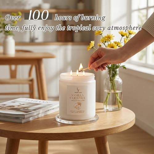Vanilla Coconut Large Scented Candle, 3-Wick 22oz Long Lasting Scented Candle, Natural Soy Wax Aromatherapy Candle for