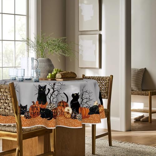 Horaldaily Halloween Tablecloth 60 x 60 Inch Round Pumpkin Moon Cat Trees