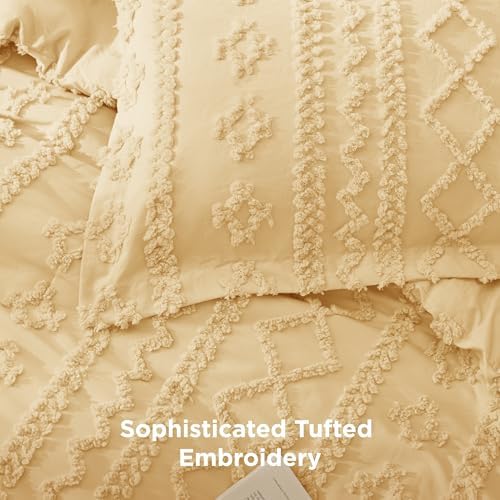 Bedsure Tufted Boho Comforter Set Queen Size - Yellow Boho Bed Set, GentleSoft™ 3 Pieces Farmhouse-Style Embroidery