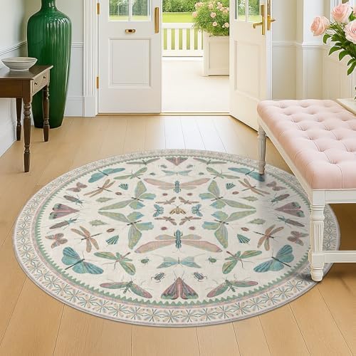 Insect Light Green 5ft Round Area Rug for Living Room - Washable Floral Fun Kids Rugs for Bedroom, Playroom, Boho &