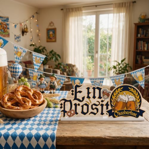 Smile Oktoberfest Wooden Standing Decor, Ein Prosit Pretzel Beer Mug Tiered Tray Tabletop Signs with Stands for Home Bar Party Decor