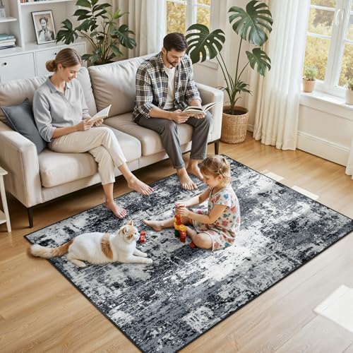 RELEANY Washable 4'x6' Abstract Area Rug for Living Room Black White