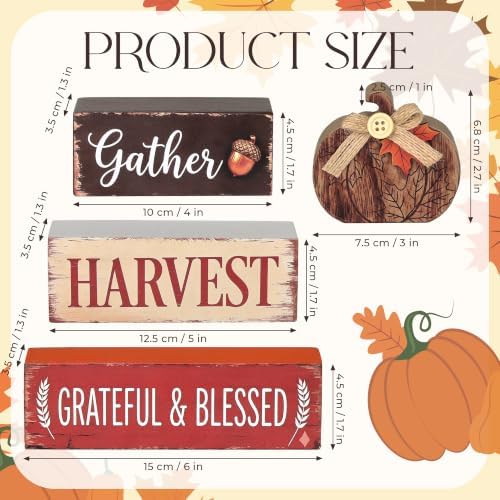 PAPER FAIR Fall Wood Block Sign, Rustic Autumn Pumpkin Stacked Table Centerpiece, Gather Harvest Grateful Blessed Farmhouse Tiered Tray Decor, Thanksgiving Home Mantel Desk Decoration