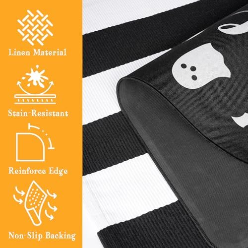 Halloween Door Mat Set, Ghost Welcome Rug with Black White Stripe Runner