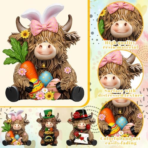 3 Pack Seasonal Resin Highland Cow Figurine St. Patrick's Day Easter Bunny Figurines Highland Cow Gifts Decor Resin Statue for Garden Table Shelf Home Decor Calf Gnome Herd Gifts