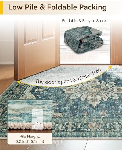 RELEANY Washable Area Rug, 6'x8', Blue/Vintage Dark Blue