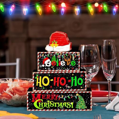 Britimes Tiered Tray Decor Set, 4 Pack, Wooden Table Sign, Christmas Santa