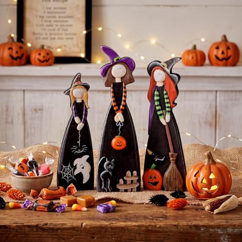Suzile 3 Pcs Halloween Witch Table Decorations, Wooden Tabletop Figurines