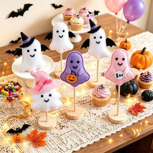 SUNBEAUTY Pink Halloween Decor Pink Felt Ghost Halloween Table Decorations, 5Pcs Cute Ghost Witch Hat Bat Wings, Boo, Pumpkin Centerpieces for Home Mantel Tabletop Desk Office Tray Decor