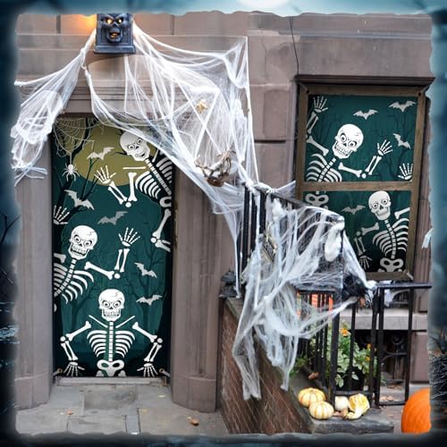 DoubleFill 3 Pcs Halloween Window Door Covers Set Skeleton Ghost Curtain
