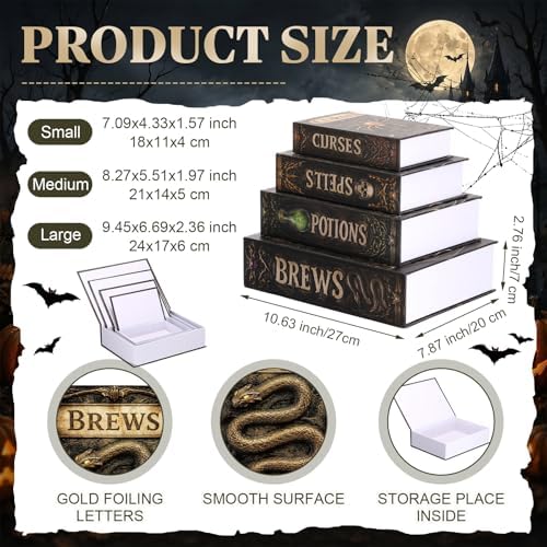 Sabary Set of 4 Decorative Books Boxes Faux Books Stacked for Coffee Tables Modern Home Bookshelves DIY Decor for Crafts (Black and Gray,Halloween)