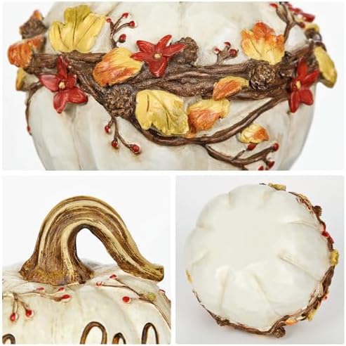 Fall Pumpkin Decor 2Pcs Fake pumpkins White Resin Carved Pumpkin Big Decorative Faux Pumpkins Artificial Pumpkins for Decorating Home Table Farmhouse Mantel Halloween Thanksgiving Harvest Centerpieces