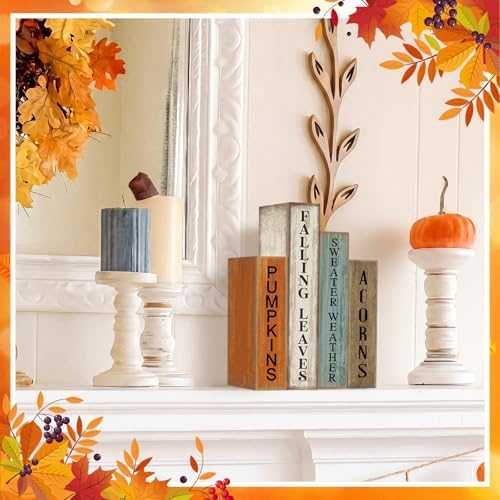 Lineshading 4 Pcs Fall Table Decoration Wooden Book Autumn Pumpkin Sign