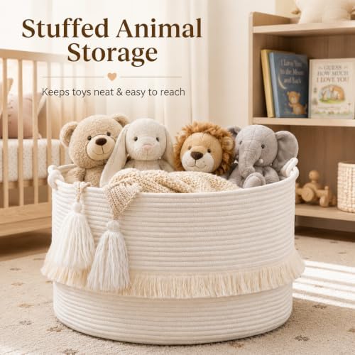 KAKAMAY Large Blanket Basket (20"x13"),Woven Baskets for storage Baby Laundry Hamper, Cotton Rope Blanket Basket for