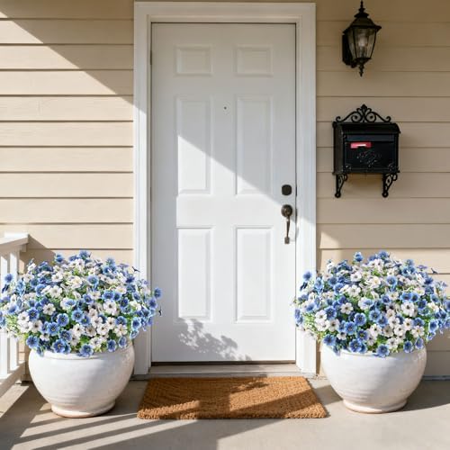 16PCS UV Resistant Artificial Flowers for Outdoors, White + Blue