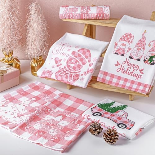 Sratte 6 Pcs Pink Christmas Kitchen Towels, Gnome Buffalo Plaid Dish Towel