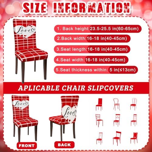 Preboun Valentine's Day Chair Covers Set of 6 Valentines Dining Protector Stretch Red Heart Removable Washable Valentine Be Mine Slipcovers for Dining Hotel Party Wedding