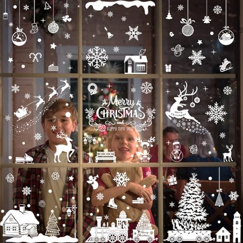 NEWMIAO Christmas Window Cling Stickers, 9 Sheets White Window Clings Reindeer Snowflake Santa Claus Christmas Tree Snowman Xmas Decals for Holiday Decorations Home Decor Party Supplies