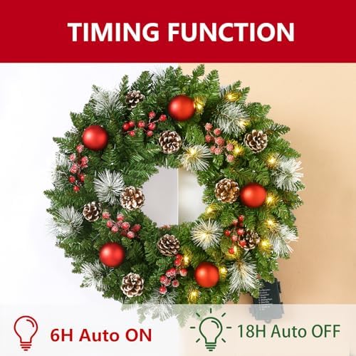 24 Inch Pre-Lit Artificial Christmas Wreath for Front Door, Christmas Door Decorations Wreath with LED Warm Lights, Balls, Pine Needles, and Red Berries Wall Windows Ornament