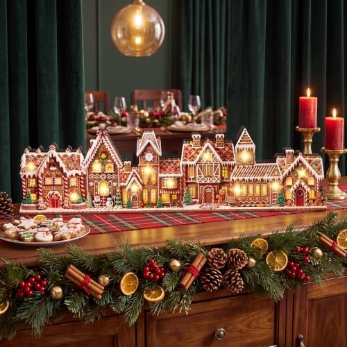 RattanView 15 in Christmas Table Decor Lighted Wooden Gingerbread Village