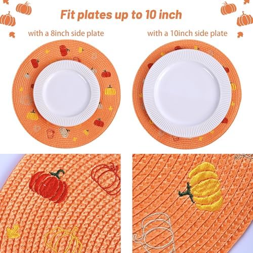 Feuille Fall Placemats Set of 4 PP Round Placemats for Dining Table Orange Pumpkins Placemats Perfect for Autumn Fall Thanksgiving Decorations
