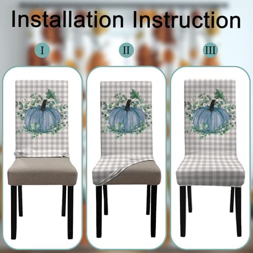 4 Pcs Fall Chair Covers for Dining Room, Thanksgiving Stretch Removable Dining Chair Cover Set of 4, Autumn Blue Pumpkin Chair Slipcovers Seat Protector for Fall Restaurant Decor
