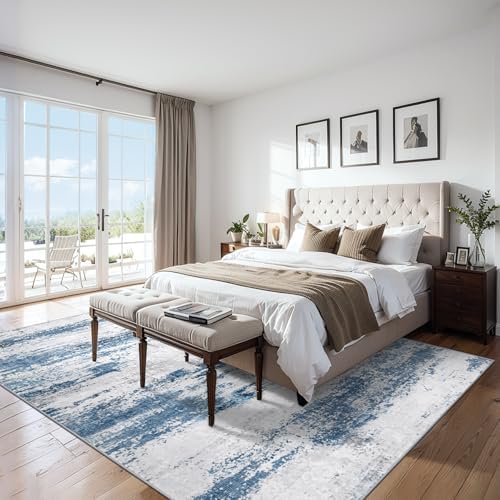 PLHXFR 9x12 Area Rug Living Room: Abstract Washable Carpet White Blue