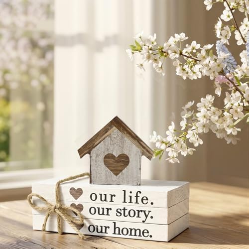 Smile Farmhouse Wooden Tabletop Decor Our Home Our Story Our Famliy Table Centerpiece, Block Sign Tiered Tray Decoration for Kitchen Shelves Desk Mantel