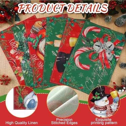 Hushee 6 Pcs Christmas Placemats Retro Santa Snowman 12x18 Inch