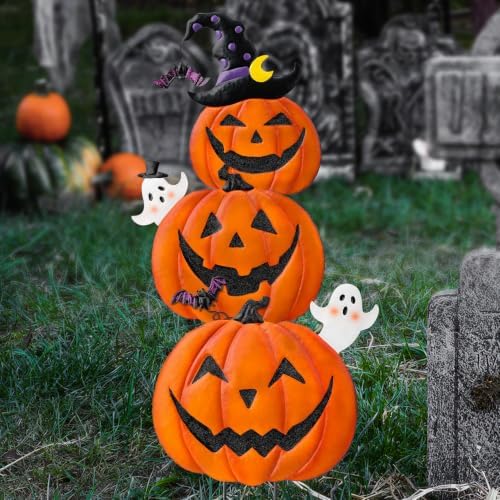 39.8" Halloween Garden Stakes, Stacked Metal Pumpkins Jack-o-Lantern Lawn Decor with Witch Hat, Shimmering Metal Yard Signs Stake Outdoor Decorative Pumpkin for Home Lawn Pathway Decor