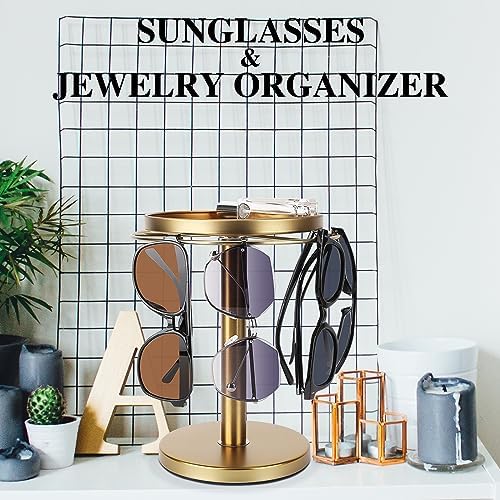 kondyfayo 360° Rotating Sunglass Organizer Storage, Stainless Steel Glasses Holder Stand, Glasses Organizer with Tray