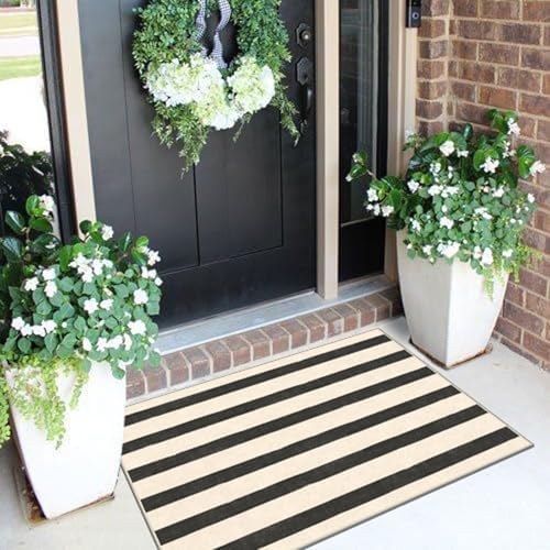 Black and White Striped Outdoor Rug - 2x3 Non-Slip Front Door Mat
